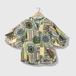 Unbranded Mandala Print Blouse Women XL Yellow Boho Geometric Lantern Sleeve